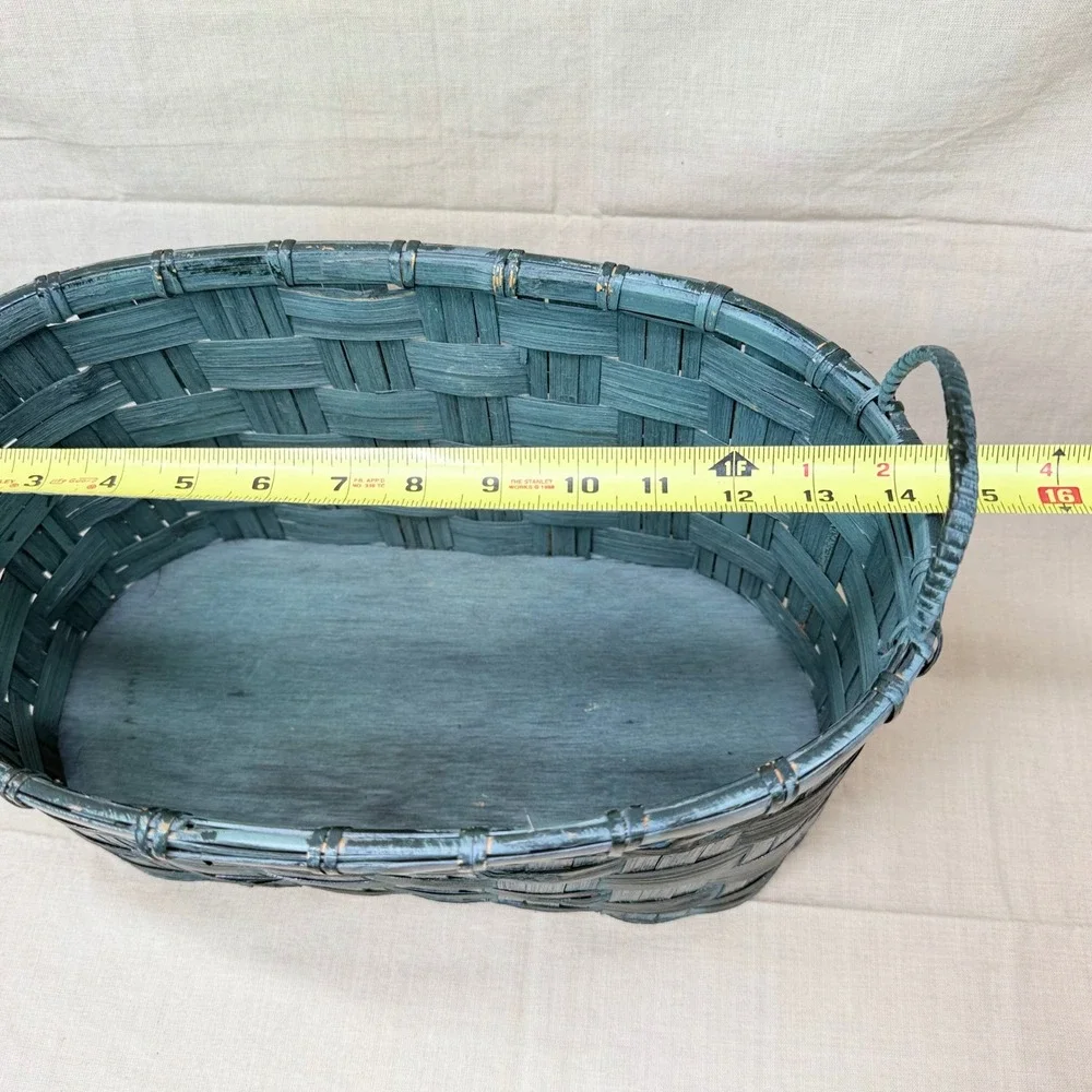Vintage Dark Green Wicker Storage Basket Oval Handled Basket Cottage Decor